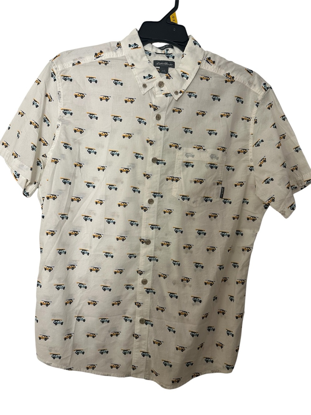 Eddie Bauer Cream Short-Sleeve Button-Down with Small Car Print